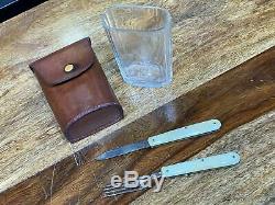Vintage leather cased travel campaign set knife fork and glass circa 1920