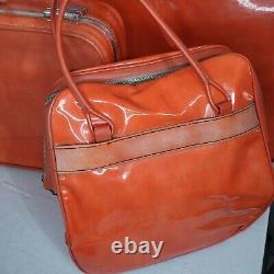 Vtg MCM Skyway Travel Locking Luggage Set Tote Carry On Orange Vinyl