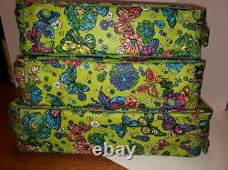Vtg Mod colorful flowers & butterflies 3pc luggage set made in japan