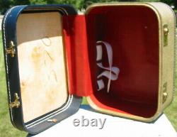 Vtg Wood Wooden Cloth Coated Luggage Suitcase Set 3 Train Cosmetic Case Hard Old