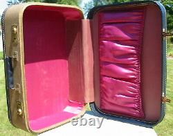 Vtg Wood Wooden Cloth Coated Luggage Suitcase Set 3 Train Cosmetic Case Hard Old