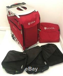 ZUCA Pro Set Bag 3 Pouches Red Silver Frame with Travel Cover Makeup Artist Seat