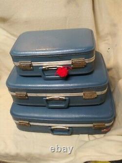 3 Pc Vintage Blue Nesting Luggage Set Valises MI Siècle Continuer, Cas Dur