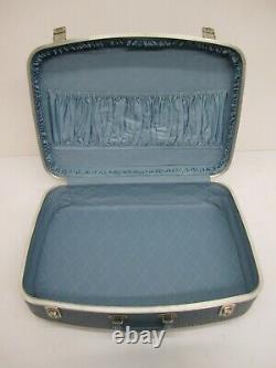 4 Pièce Vtg MCM Hard Shell Case Suitcase Luggage Set Blue Vinyl Nesting Stacking