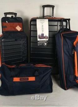 500 $ Nouveau Jeu Nautica Sea Tide 5 Piece Luggage Sac Hardside Voyage Orange Bleu
