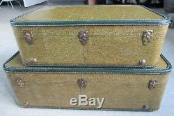 Antique Vintage Tweed Vert Hard Shell Voyage Valise Bagages Lot De 2