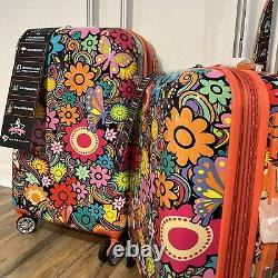 Ensemble de trois valises rigides Gabbiano à motif floral orange avec dimensions de 30, 26 et 20 pouces, avec système de verrouillage TSA.