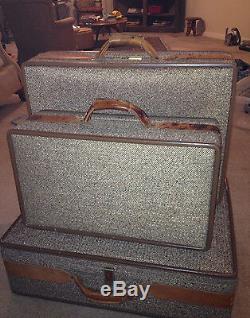 Lot De 3 Vintage Hartmann Tweed & Cuir Intérieur Suitcases Toile Mid-century