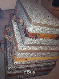 Lot De 3 Vintage Hartmann Tweed & Cuir Intérieur Suitcases Toile Mid-century