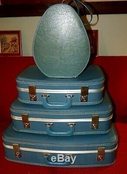 MCM Vintage 4 Pc Valise Luggage Set Blue Vinyl Dur Empilement Latéral Nesting