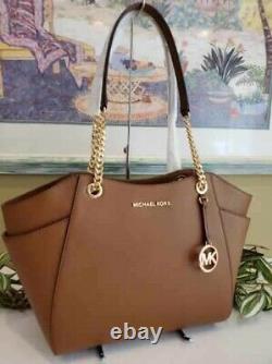 Michael Kors Jet Set Travel Large Chain Shoulder Tote Luggage Brown Leather 378 $