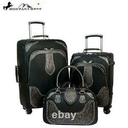 Montana West Tooled Leather Collection 3 Pc Bagage À Roues Noir Wrl-1-2-3bk
