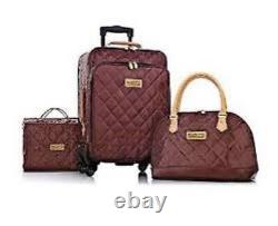 NOUVEL Ensemble de valise à roulettes en vinyle matelassé marron 3 pièces avec sac à main