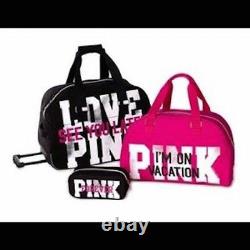 Victorias Secret Pink Rare 3 Pc Wheelie Luggage Set Suitcase Carry On Duffle Bag