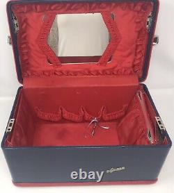 Vintage MID Century Aero Pal Navy Blue Red Suitcase Vanity Luggage Ensemble De 2