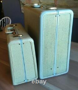 Vintage Samsonite Suitcase Set Robin Egg Blue Tweed Style 4251 Plus Keys