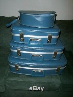 Vtg 4 Pièces Nesting Valises Luggage Set Doublé Hardcase Bleu Rétro Navires Gratuit