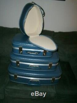 Vtg 4 Pièces Nesting Valises Luggage Set Doublé Hardcase Bleu Rétro Navires Gratuit