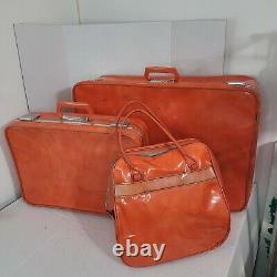 Vtg MCM Skyway Travel Locking Bagage Set Tote Carry On Orange Vinyl